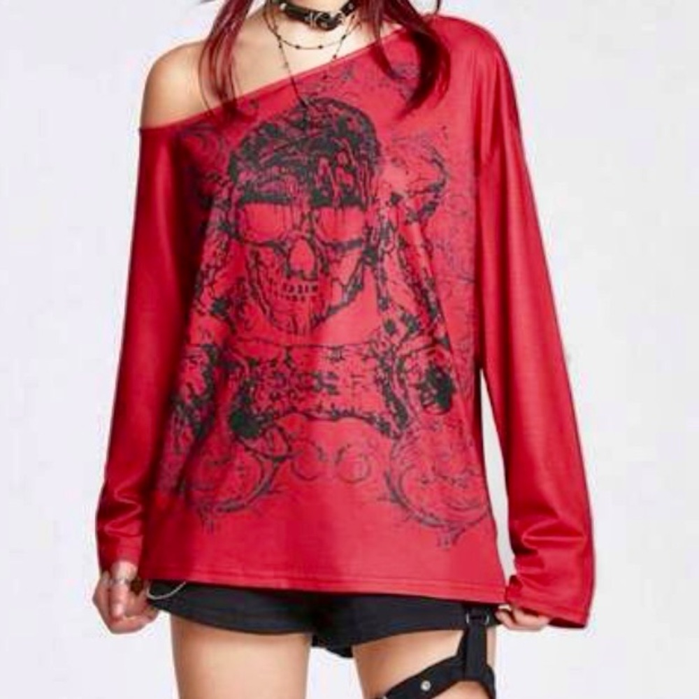 ROMWE Women's Small Goth Red Skull Off Shoulder Long Sleeve Asymmetrical Top